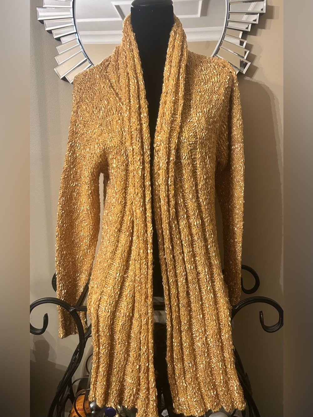 Gold Open-Front Ribbed Cardigan Sweater
